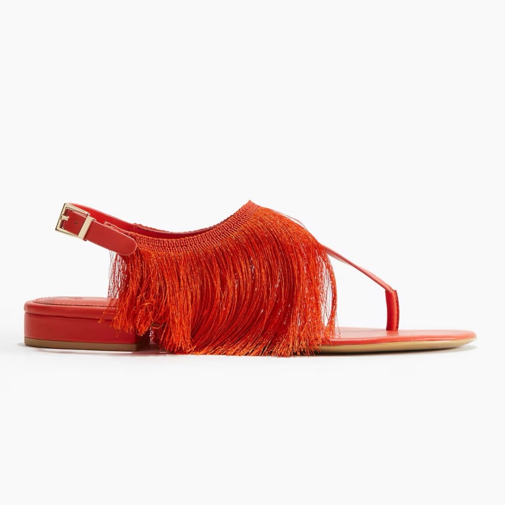NWT. H&M Red-Orange Fringe-Trimmed Sandals. Sz 38/US7. Sold out